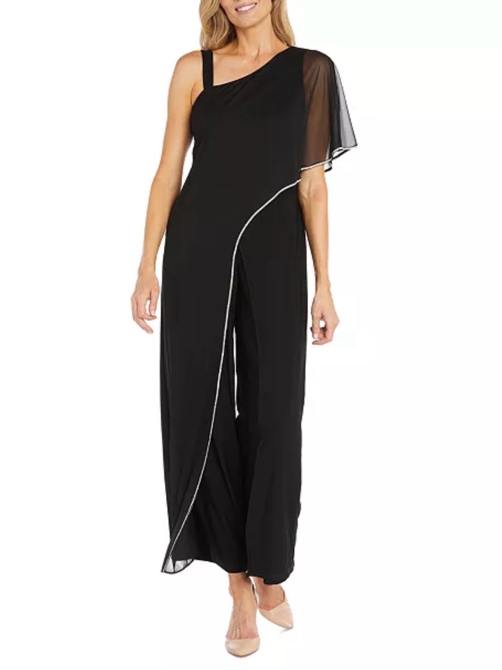Women's Asymmetric Rhinestone-Trim Draped Jumpsuit Size 14
